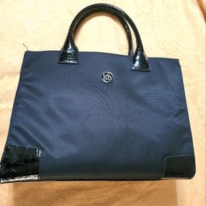 Joy Mangano black canvas and faux patent leather L handbag tote   #1547